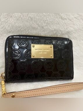 Michael Kors Black Patent Logo Wristlet with Gold Plate